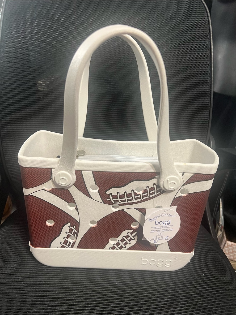 New With Tags Bitty Bogg Bag Classic Tote in White and Brown Football Print